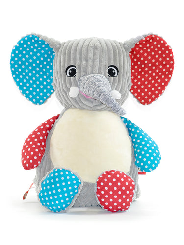 Elephant soft toy. Grey corduroy body with blue and Red  polka dot Ears, arms and feet. Personalise with an embroidered message on the tummy. 