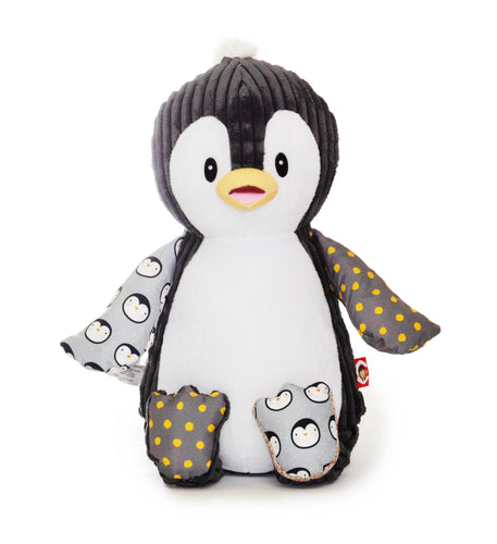 The Baby Sensory Penguin has a dark grey body, decorated, patterned arms and feet , big black eyes and a yellow and pink beak. A plain white belly that will be embroidered with a message , greeting of your choice.