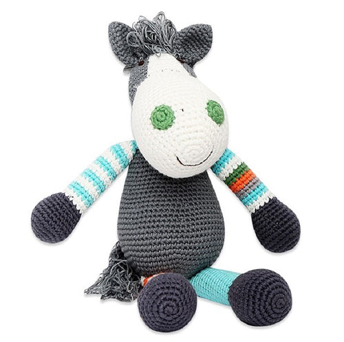 Quirky crochet Donkey soft toy. Grey with multi coloured arms and legs. suitable for children and babies of all ages. medium size 30cm