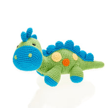 Load image into Gallery viewer, Crochet Stegosaurus Dinosaur. A green body with  yellow  &amp; orange spots, Blue feet,  nose and blue spikes across its head, back and tail. 