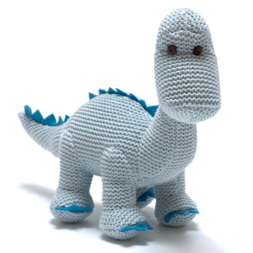 Knitted Blue Diplodocus Dinosaur Baby Rattle Soft Toy