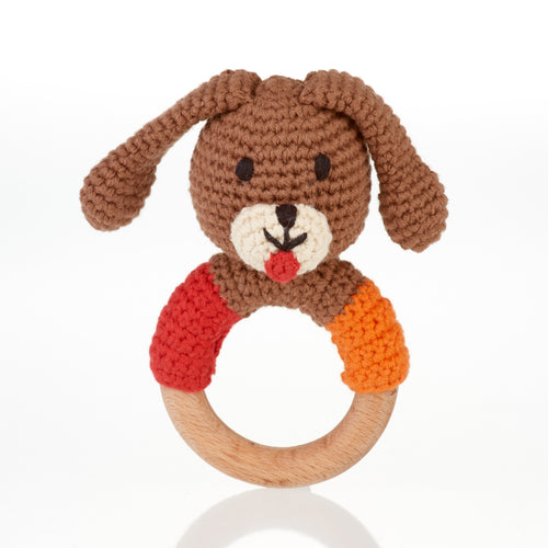 Dog Wooden & Crochet Teething Ring Rattle