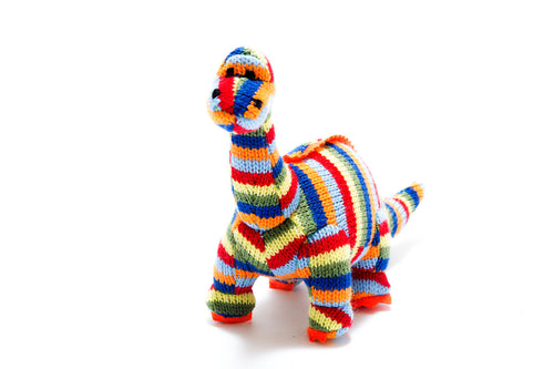 Knitted Multi Colour Stripe Diplodocus Dinosaur Soft Toy